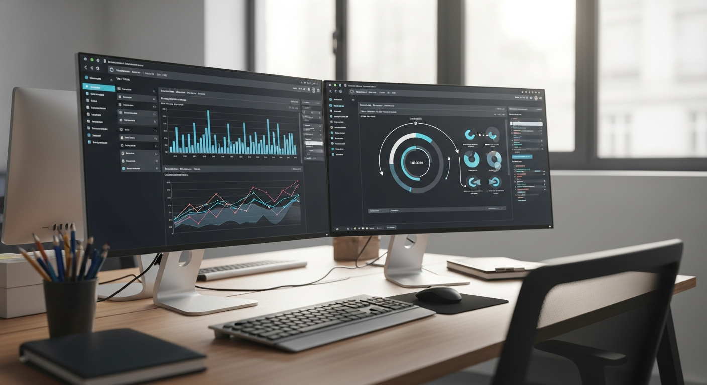 Büro mit Datenvisualisierungen und Automatisierungsdiagrammen im Winterlicht
