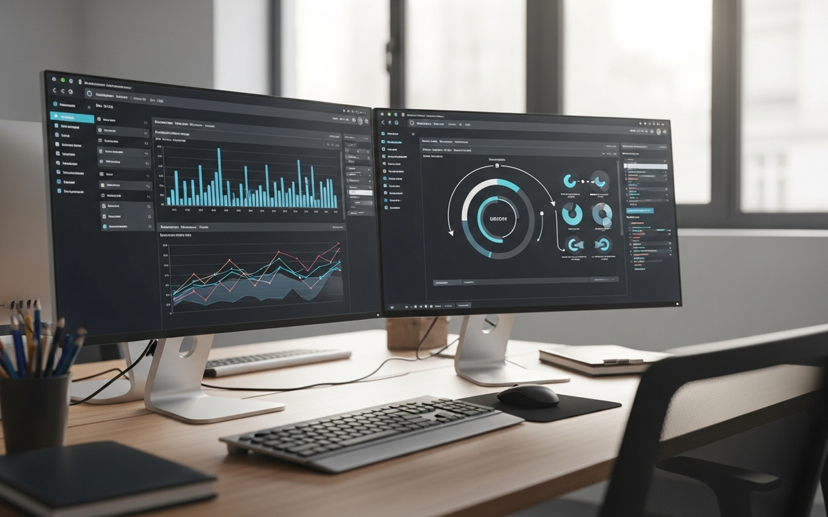Büro mit Datenvisualisierungen und Automatisierungsdiagrammen im Winterlicht