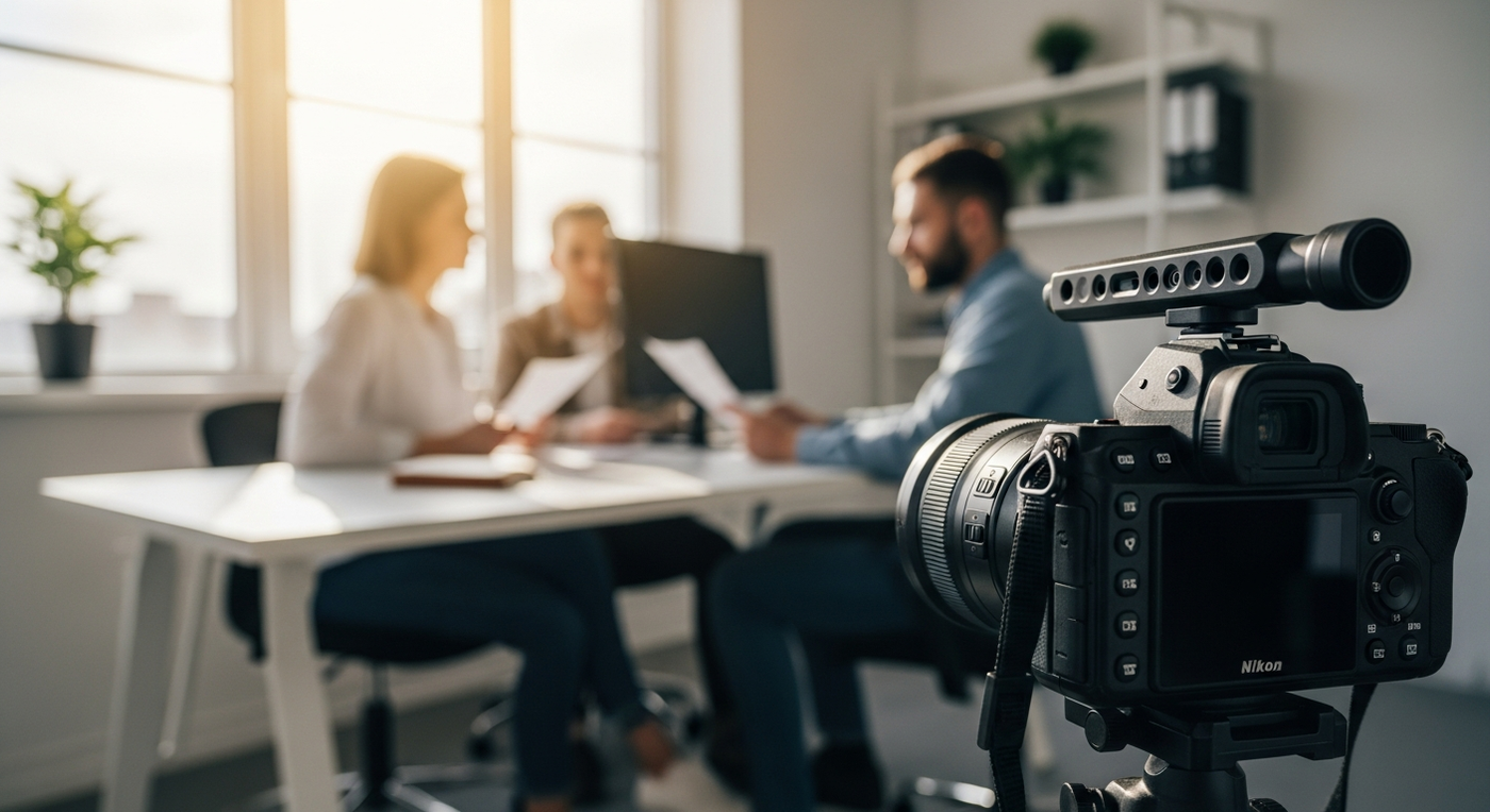 Bueroraum mit Kamera-Setup und Marketing-Team im Hintergrund
