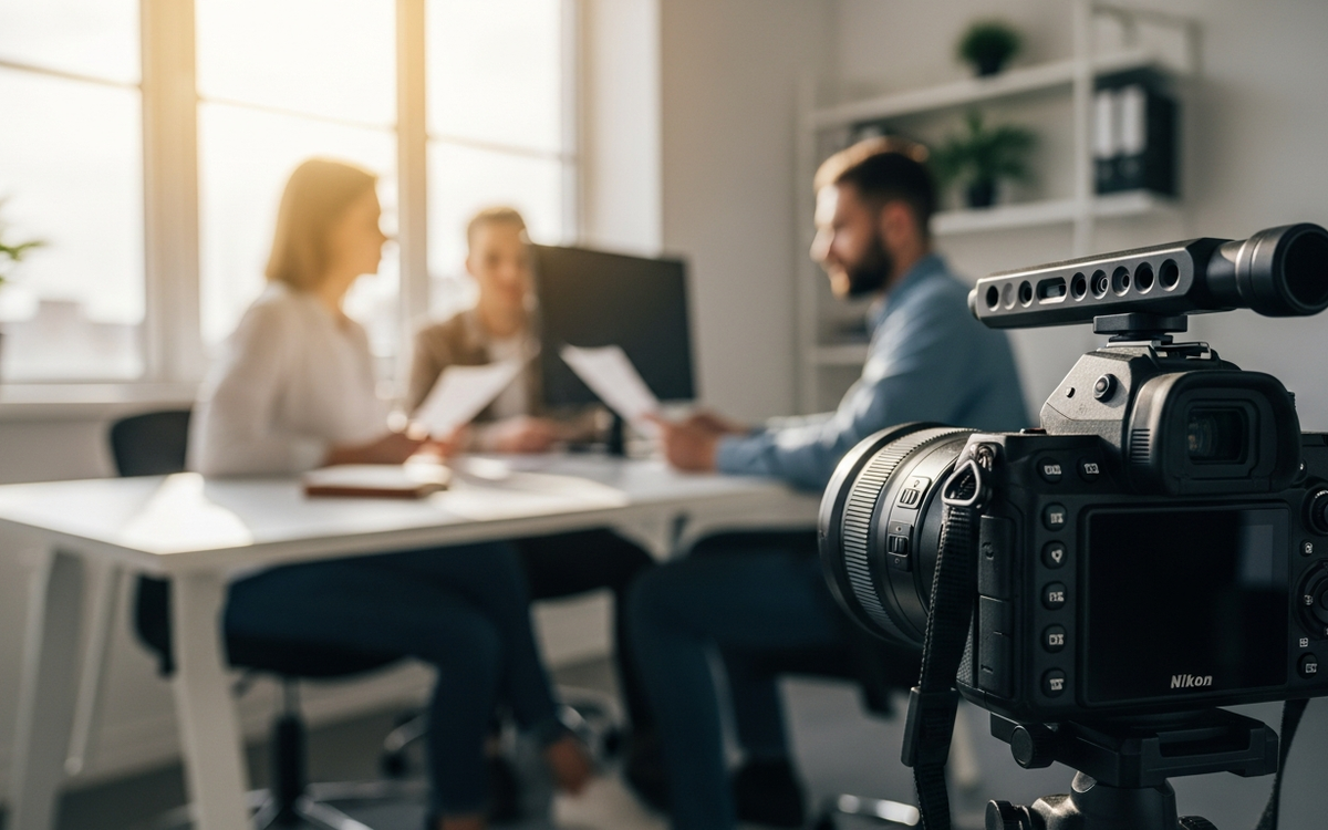 Bueroraum mit Kamera-Setup und Marketing-Team im Hintergrund