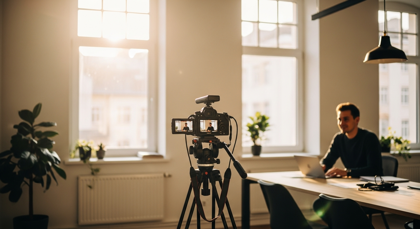 Authentische Video-Produktion fuer B2B-Recruiting in einem lichtdurchfluteten Buero im Sommer