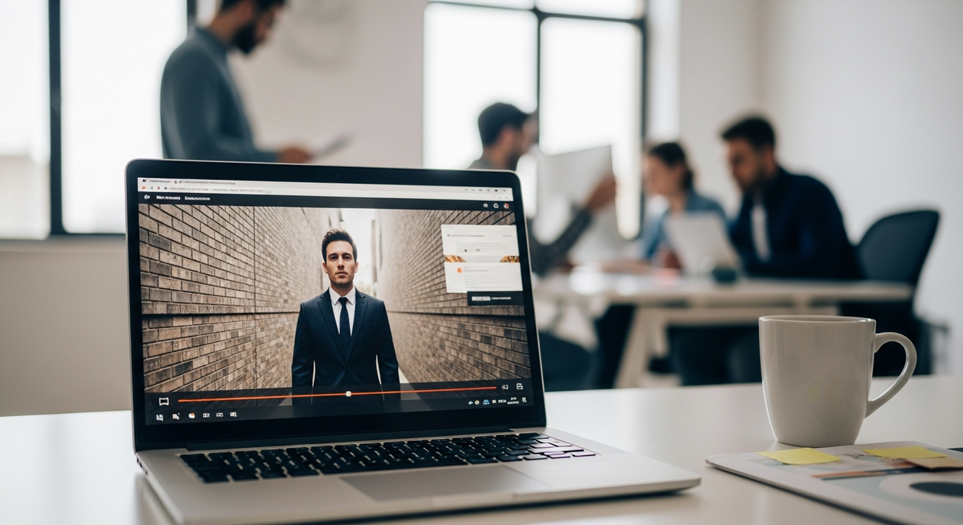 Büro mit Laptop und Video, kreatives Team im Hintergrund