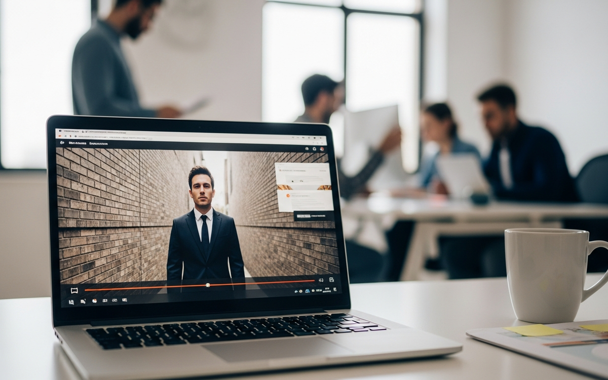 Büro mit Laptop und Video, kreatives Team im Hintergrund
