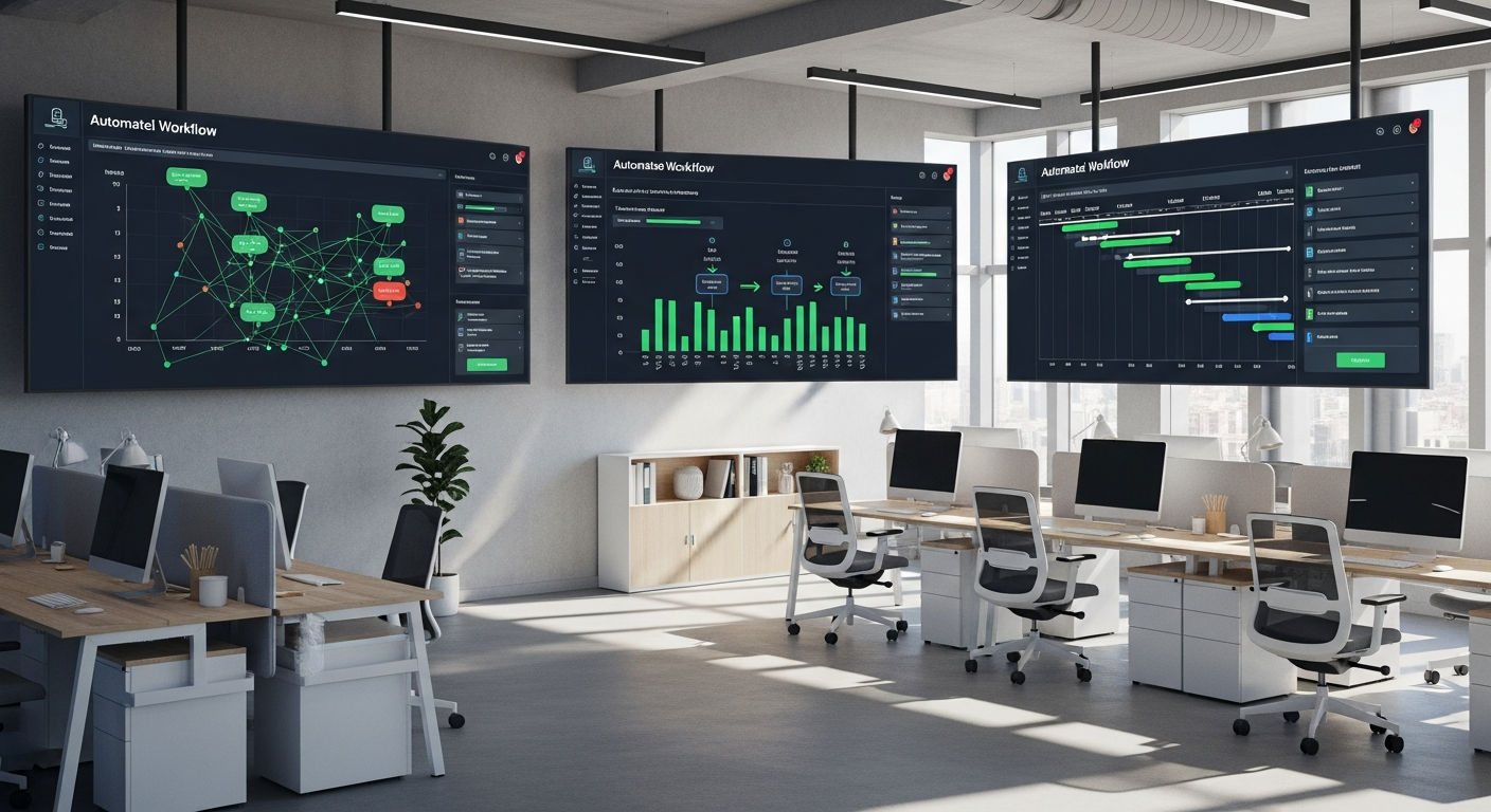 Büroumgebung mit Datenvisualisierungen und automatisierten Workflows.