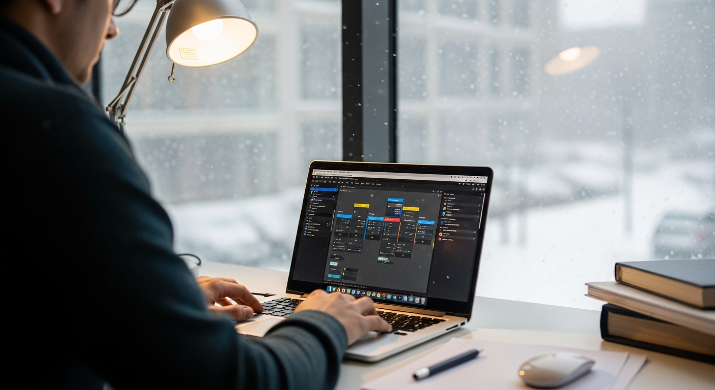 Büroarbeitsplatz im Winter mit Laptop und Schnee im Hintergrund