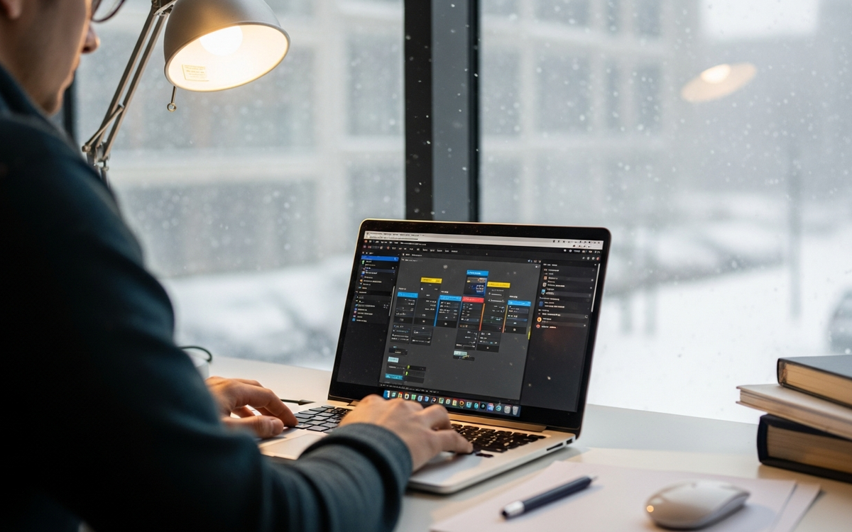 Büroarbeitsplatz im Winter mit Laptop und Schnee im Hintergrund