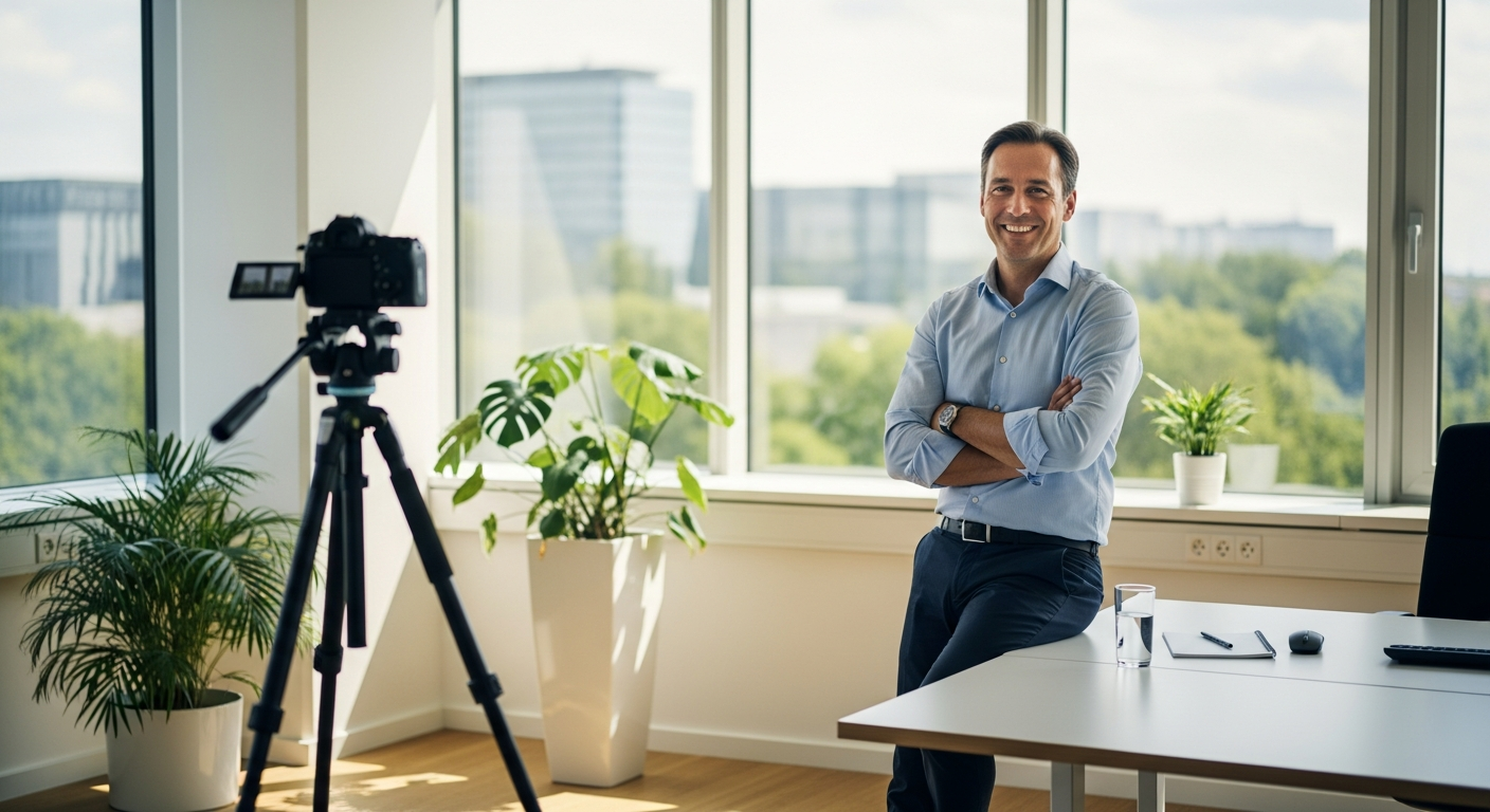 Professionelle Videoproduktion in einem modernen, sonnendurchfluteten B2B-Büro im Sommer
