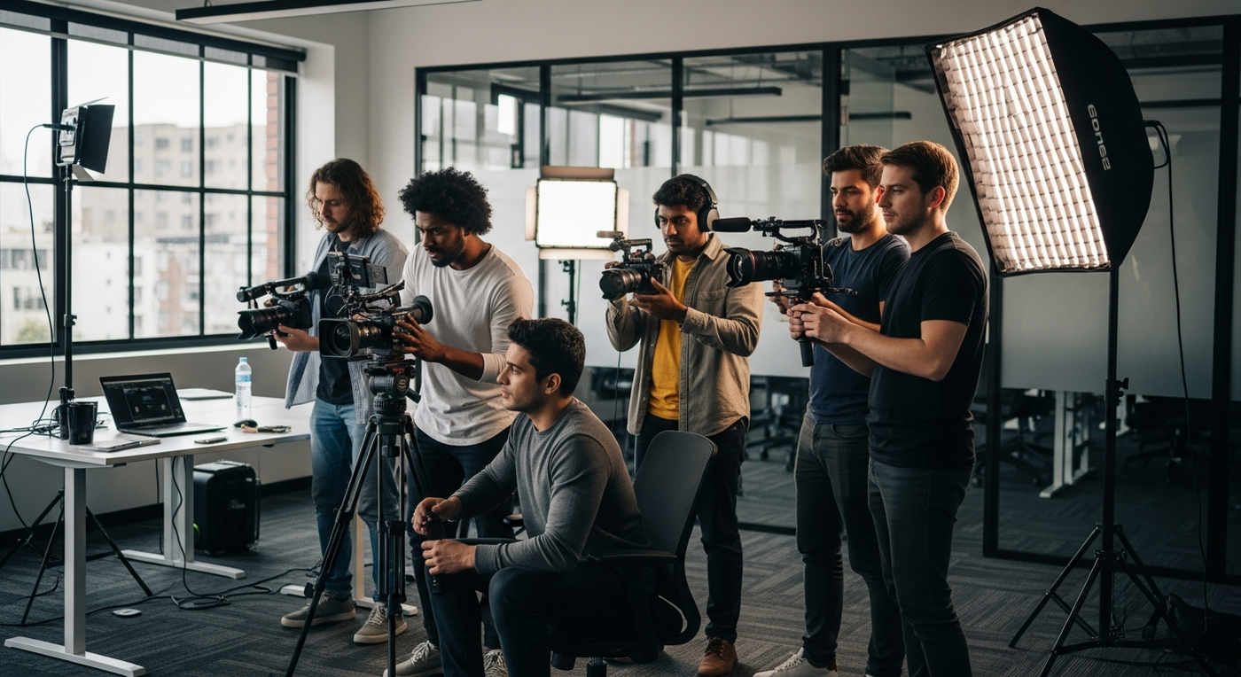 Team arbeitet an einem Video-Projekt in einem modernen Büro.