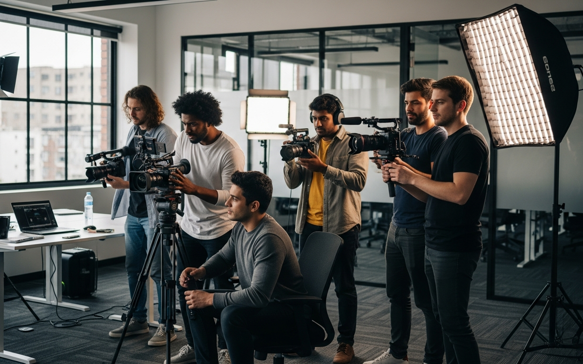 Team arbeitet an einem Video-Projekt in einem modernen Büro.