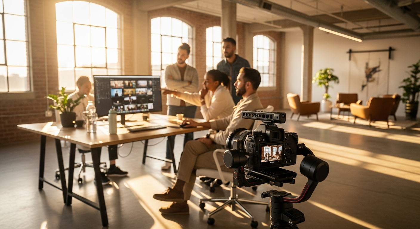 Professionelles Kamera-Setup in einem sonnendurchfluteten Leipziger Büro für B2B-Video- und Fotoproduktion im Sommer 202