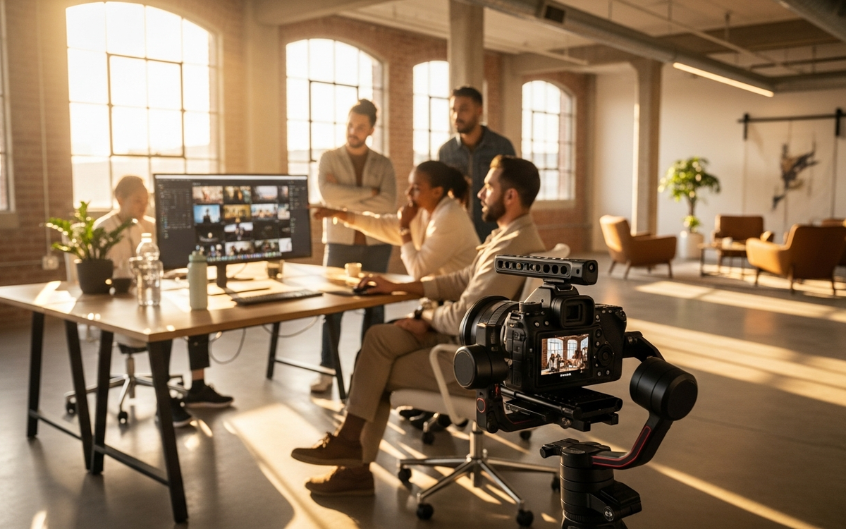 Professionelles Kamera-Setup in einem sonnendurchfluteten Leipziger Büro für B2B-Video- und Fotoproduktion im Sommer 202