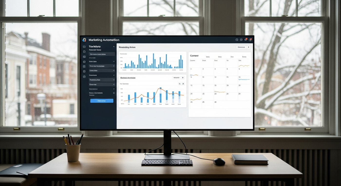 Modernes Büro mit Dashboard für Marketing-Automatisierung im Winter