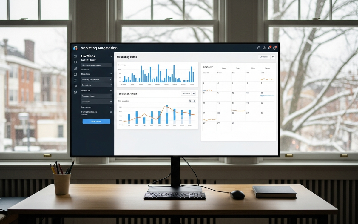 Modernes Büro mit Dashboard für Marketing-Automatisierung im Winter