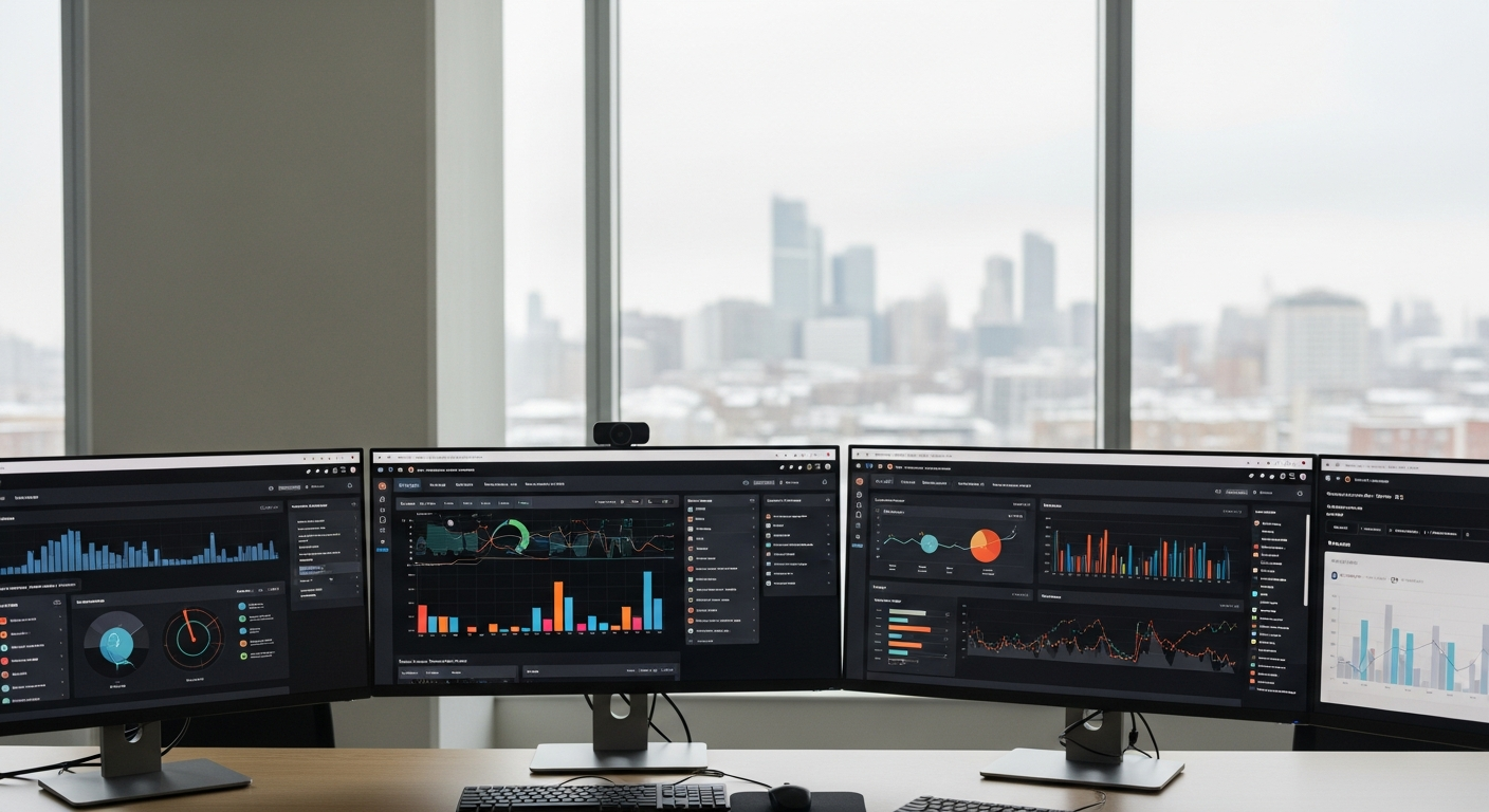 Büro mit Marketing-Dashboards und verschneiter Stadt im Hintergrund