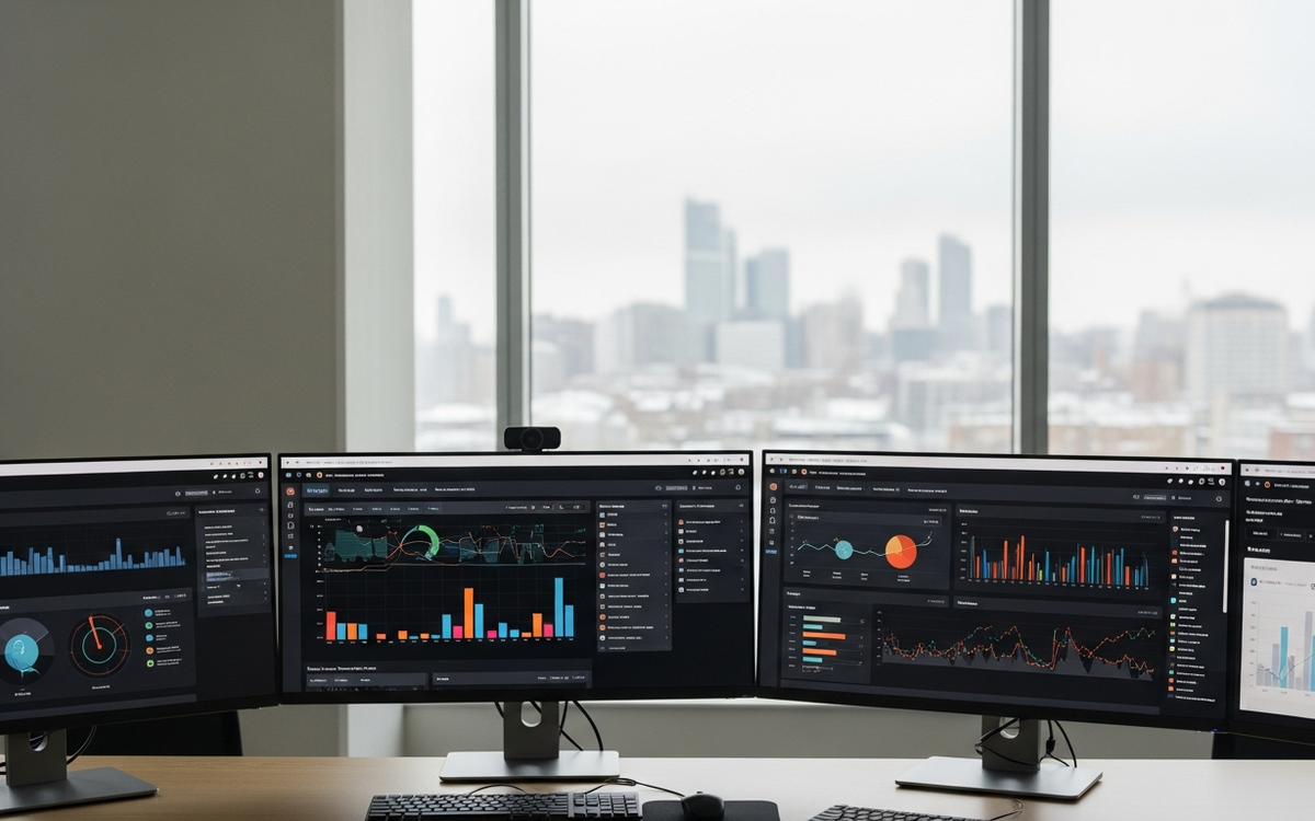 Büro mit Marketing-Dashboards und verschneiter Stadt im Hintergrund
