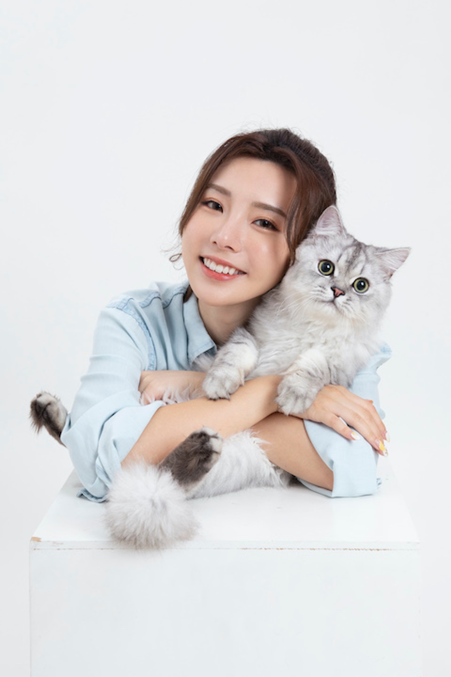 寵物寫真－淺藍襯衫女性環抱銀灰長毛貓直幅棚拍