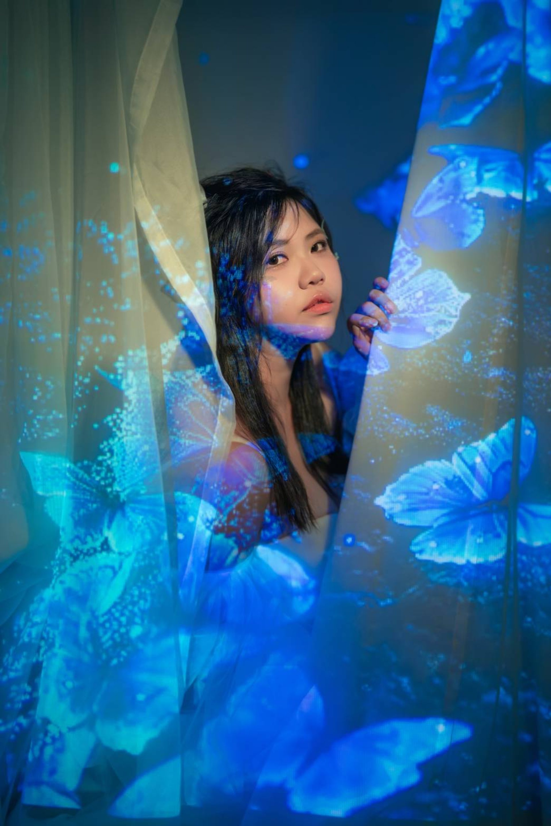 主題式寫真－藍色蝴蝶光影投影紗幔中的女性