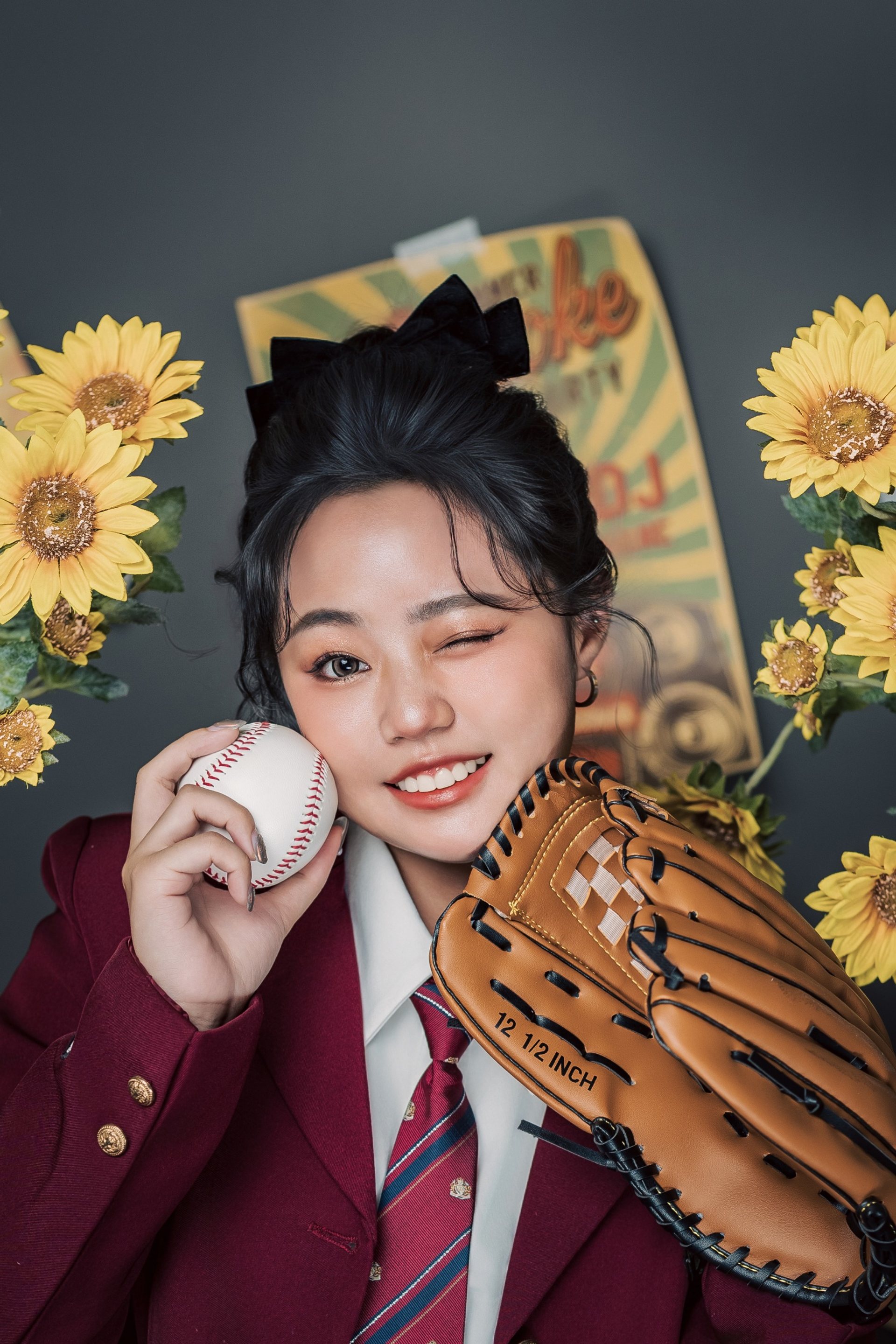 主題式寫真－酒紅制服女性持棒球手套向日葵背景