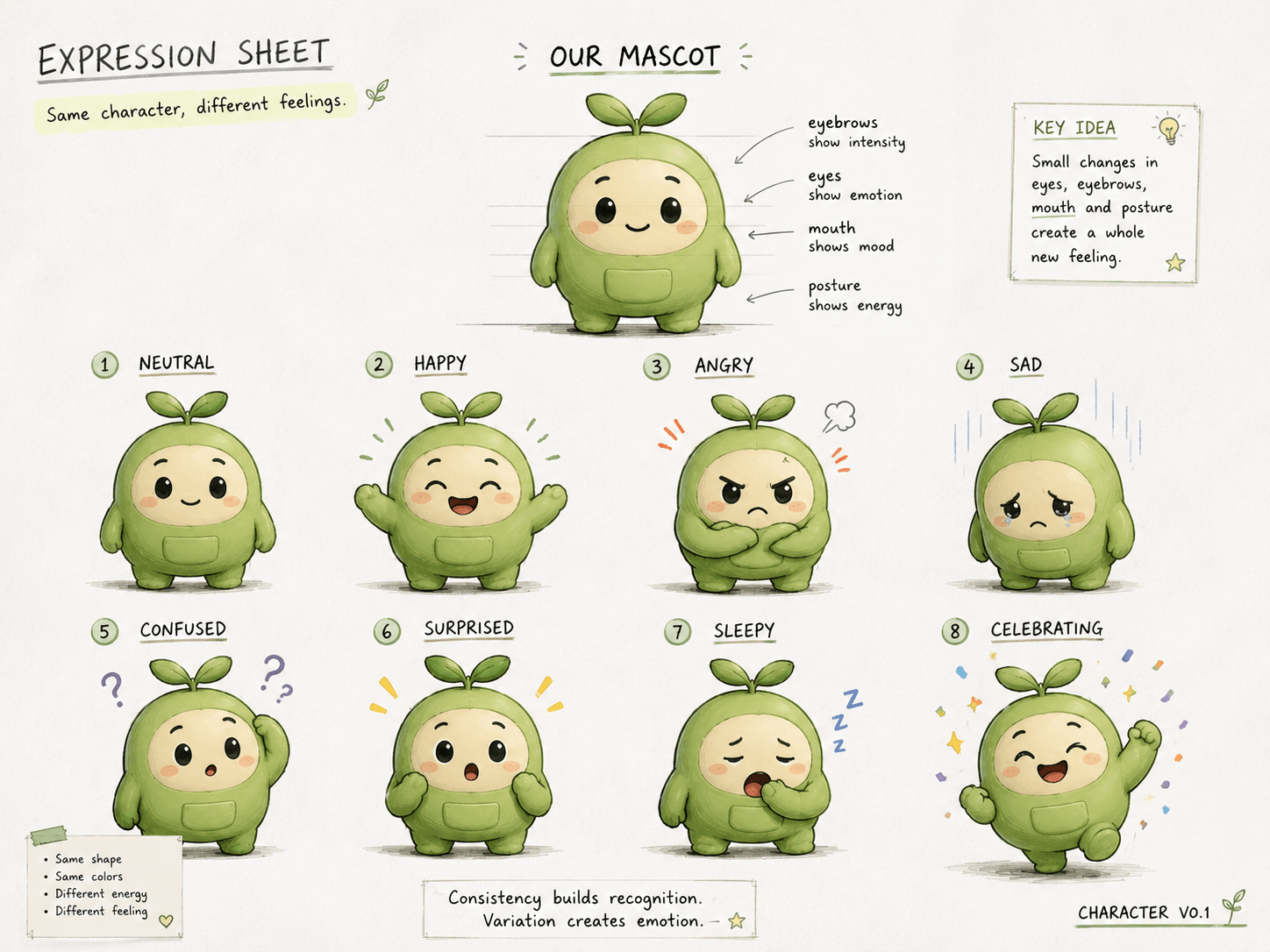 The same character uses different expressions and poses to communicate different emotions