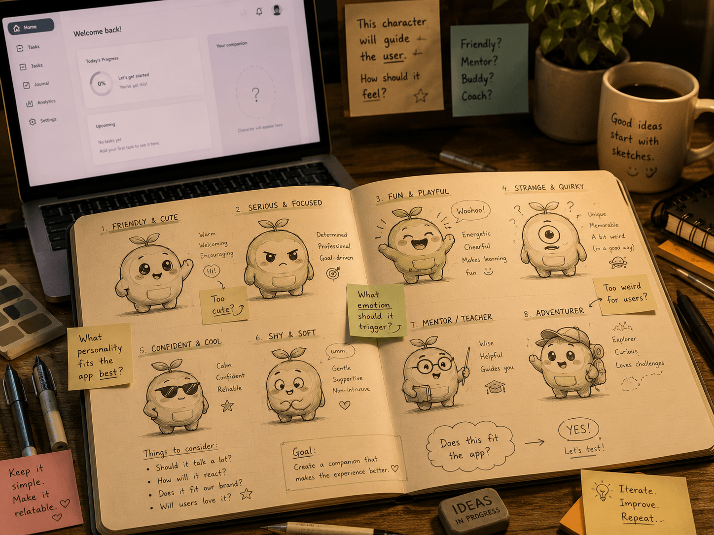 Early character exploration with different visual directions and personality ideas
