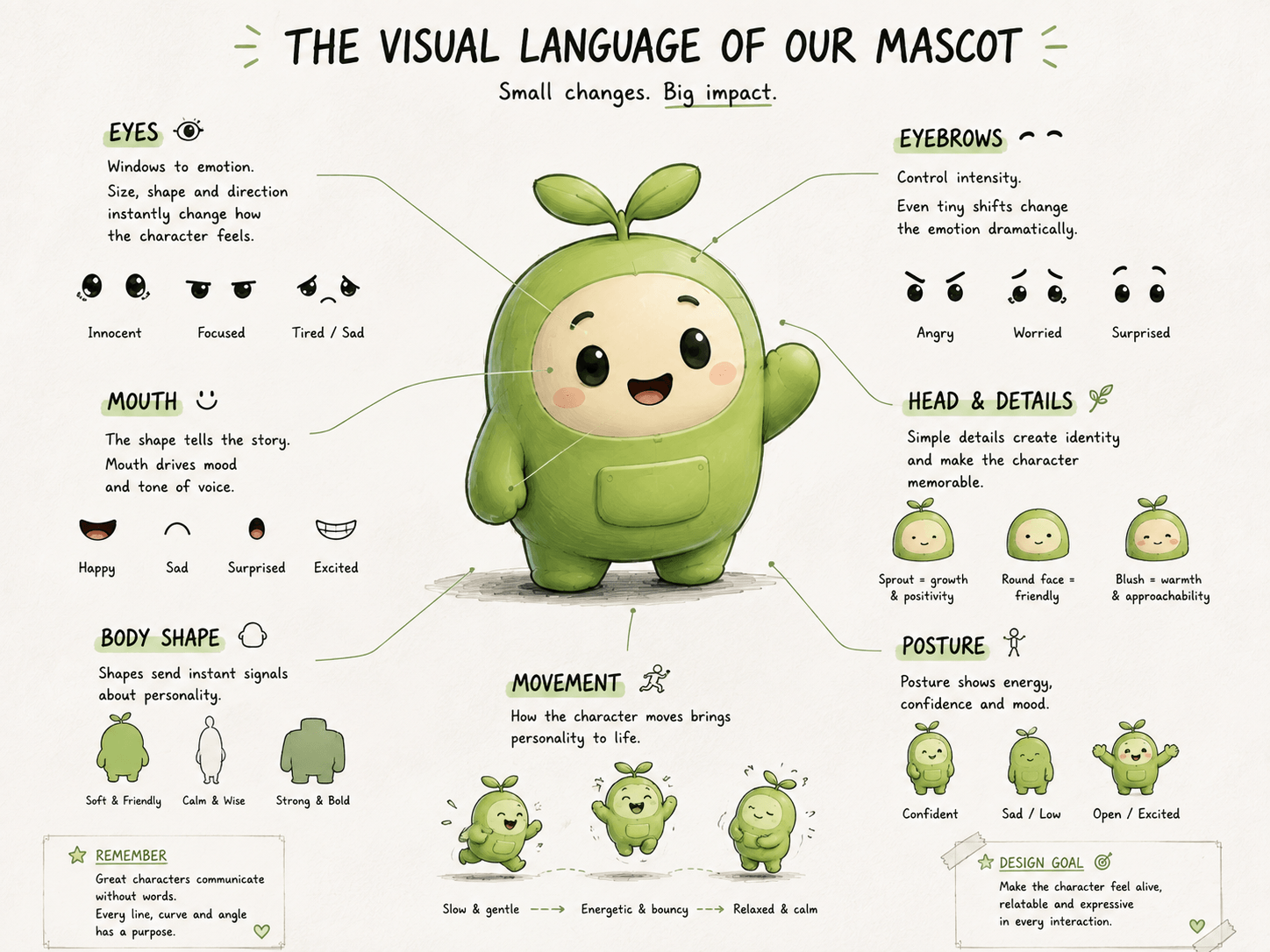 Character features such as eyes, mouth and posture can change how the character feels