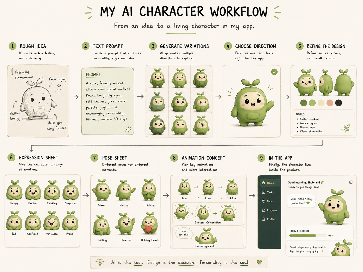 An AI-assisted workflow from an initial character idea to a character used inside an app.