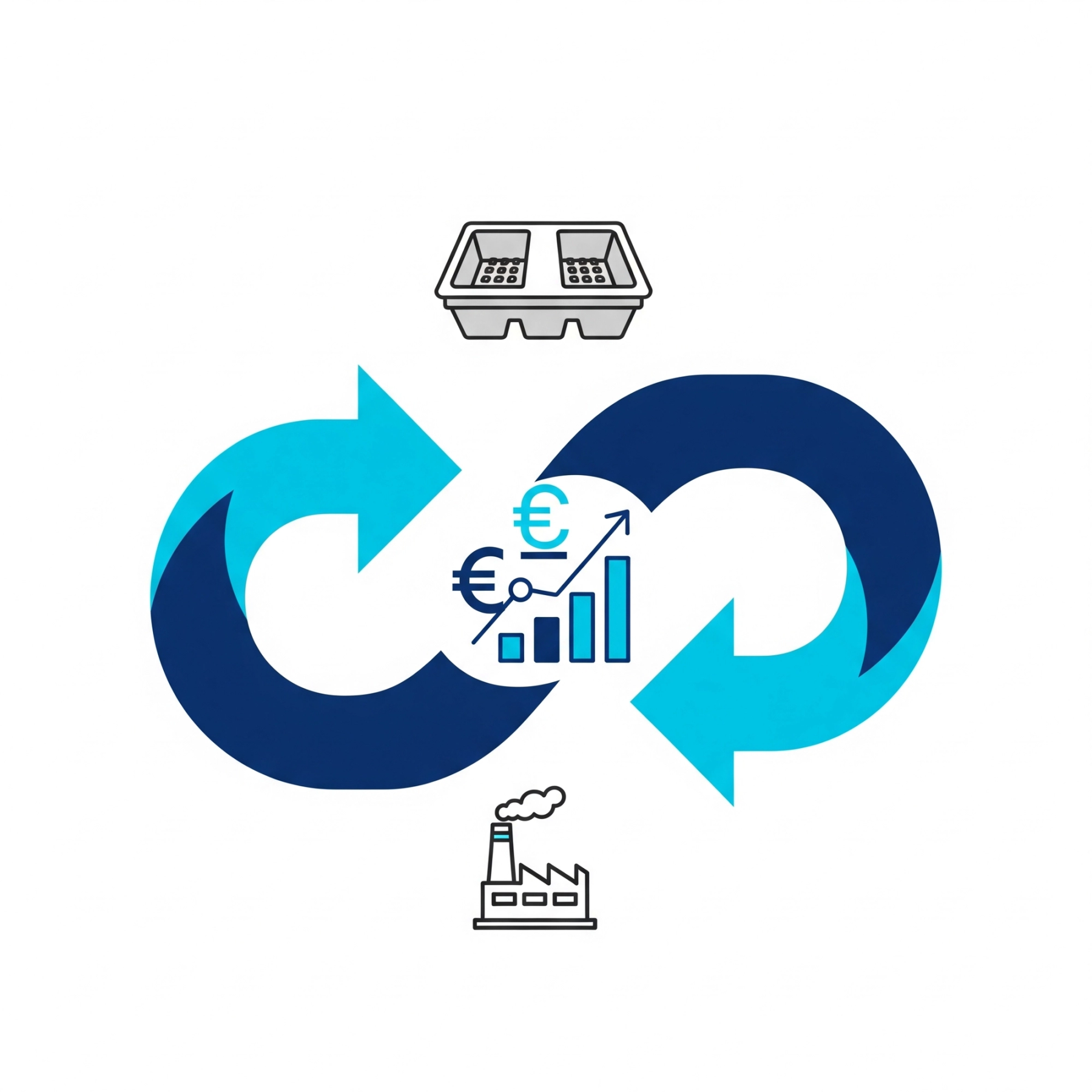 Circular molded fiber packaging trays stacked in an industrial warehouse, replacing traditional plastic transport trays.