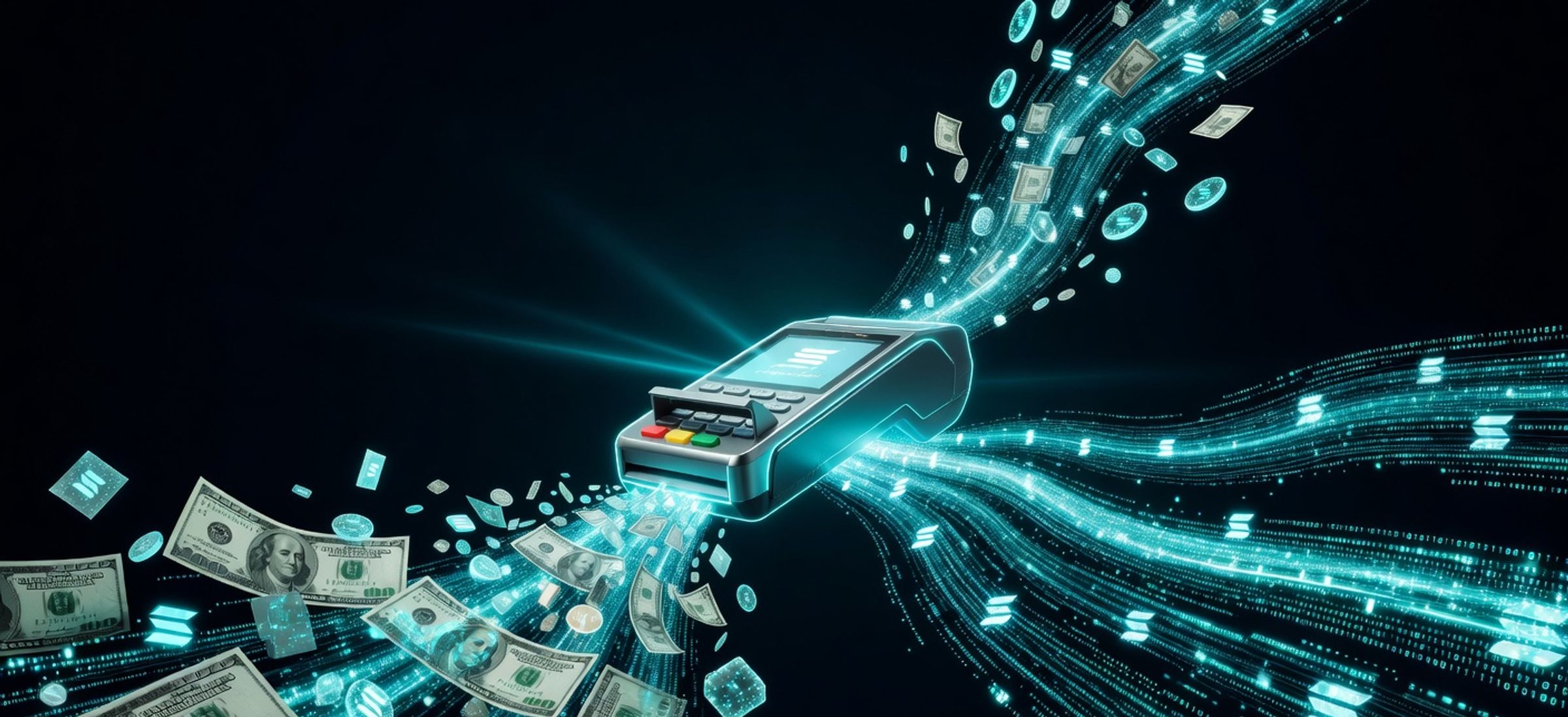 Western Union payment terminal connected to the Solana blockchain through glowing data streams, dark obsidian background with electric cyan lighting