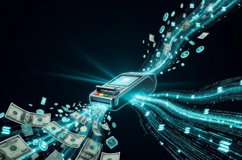 Western Union payment terminal connected to the Solana blockchain through glowing data streams, dark obsidian background with electric cyan lighting