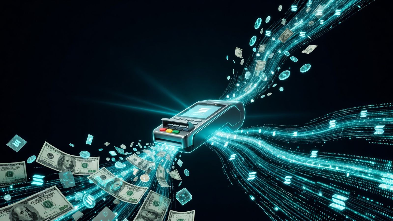 Western Union payment terminal connected to the Solana blockchain through glowing data streams, dark obsidian background with electric cyan lighting