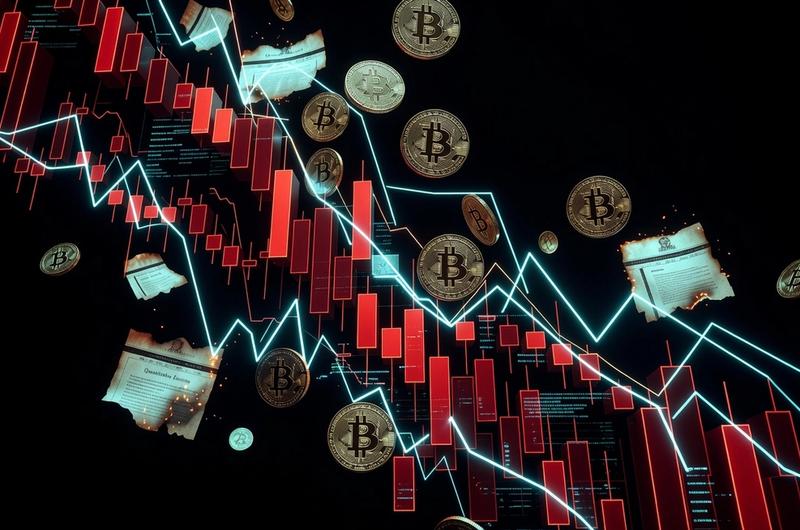 Bitcoin ETF outflows chart with Federal Reserve rate signals and cascading red candlestick bars