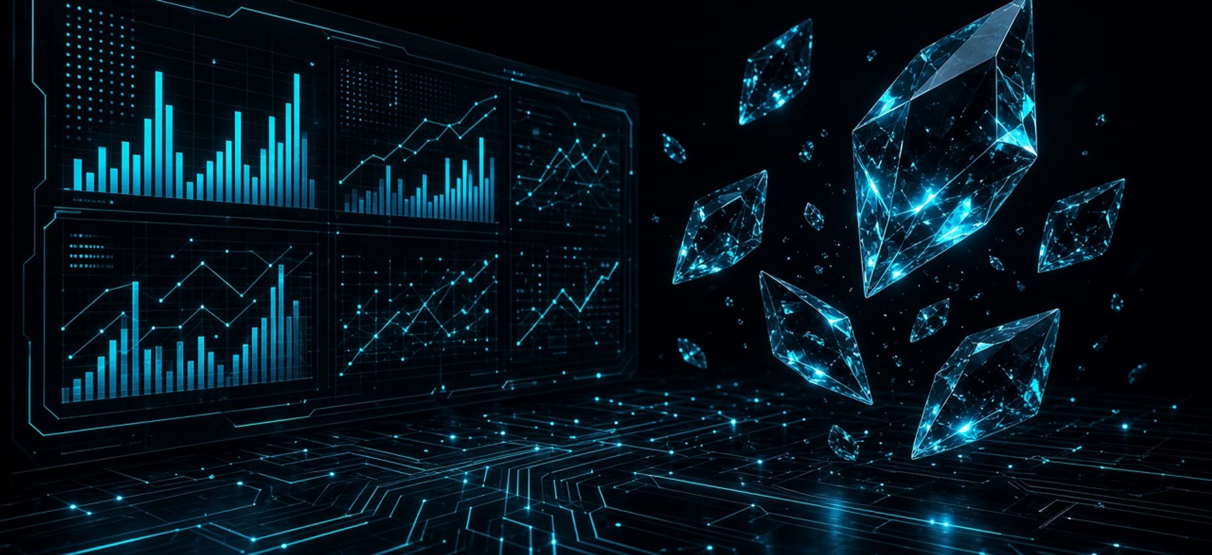 Dark Terminal Luxe illustration of cyan crystal shards and abstract exchange dashboards on obsidian