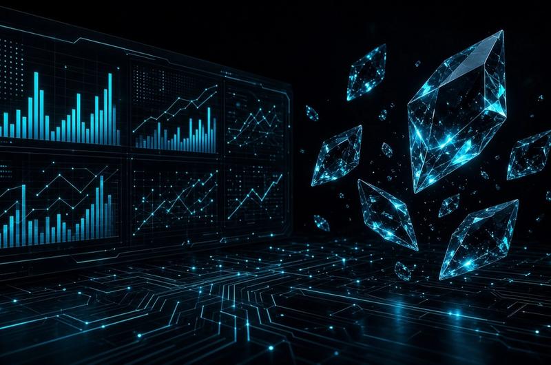 Dark Terminal Luxe illustration of cyan crystal shards and abstract exchange dashboards on obsidian