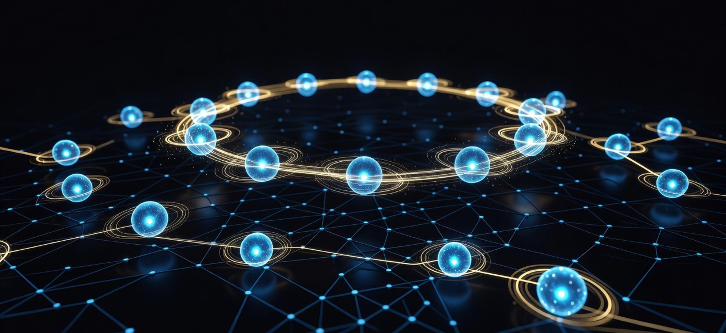 Glowing liquidity pools in a circular constellation above a blockchain network grid with cyan accents
