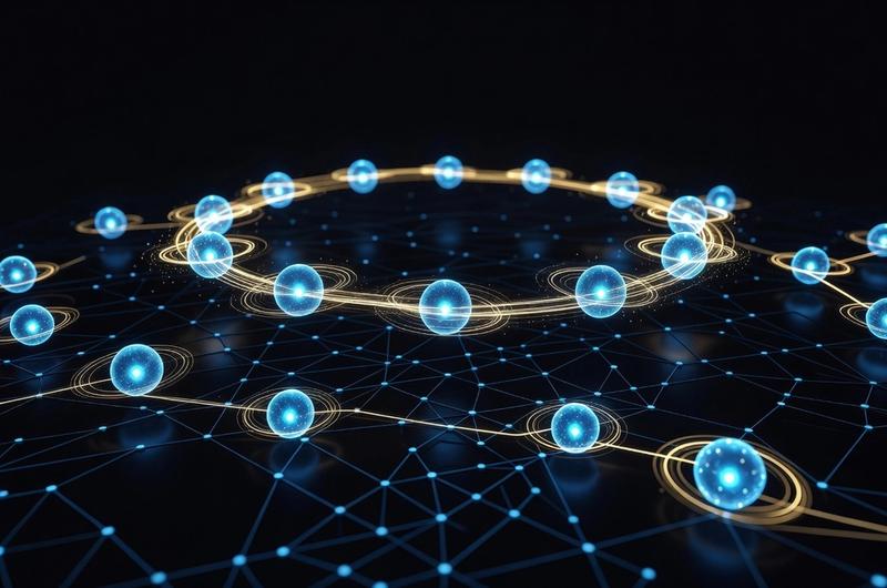 Glowing liquidity pools in a circular constellation above a blockchain network grid with cyan accents