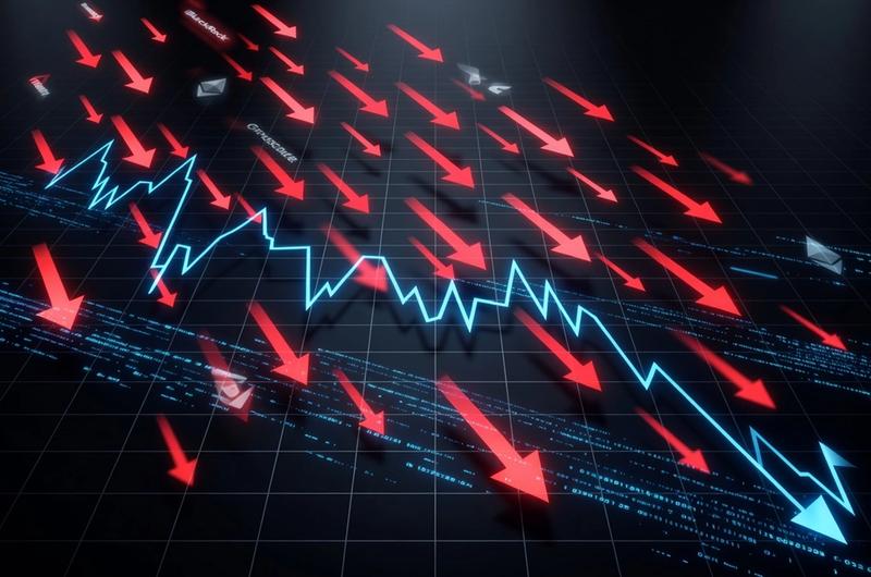 Red downward arrows cascading over a dark obsidian grid with cyan price chart trending down, representing Ethereum ETF outflows