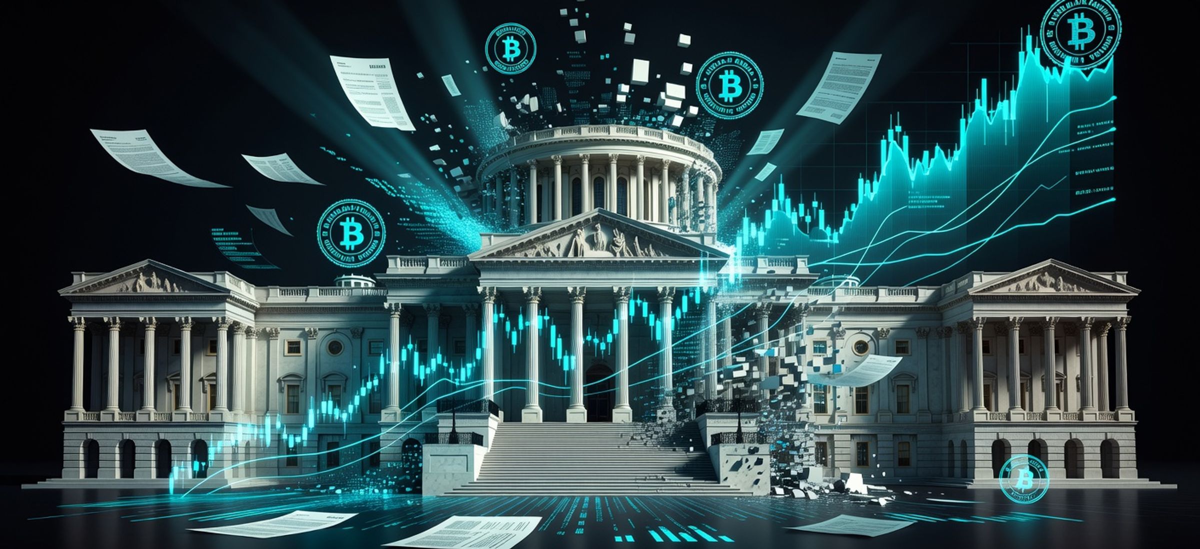 Bitcoin perpetual futures chart overlaid on a U.S. regulatory building, electric cyan accents on dark background