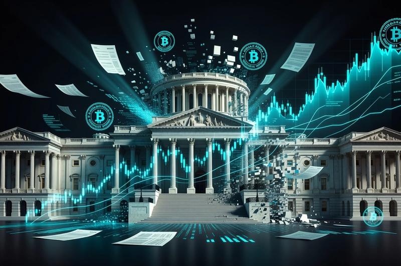 Bitcoin perpetual futures chart overlaid on a U.S. regulatory building, electric cyan accents on dark background