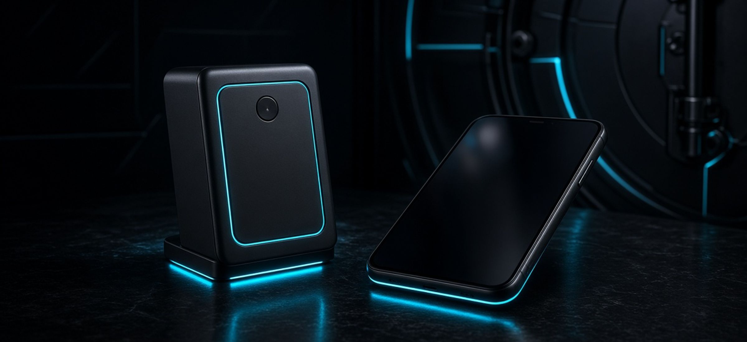 Hardware wallet and smartphone on a dark surface with cyan glow in front of a vault door