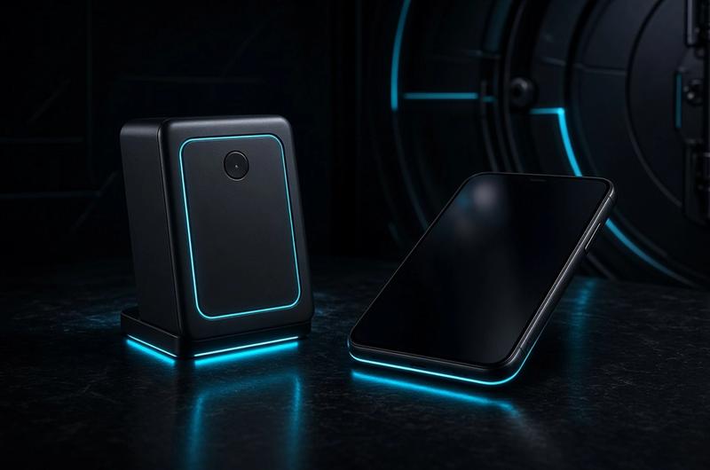 Hardware wallet and smartphone on a dark surface with cyan glow in front of a vault door