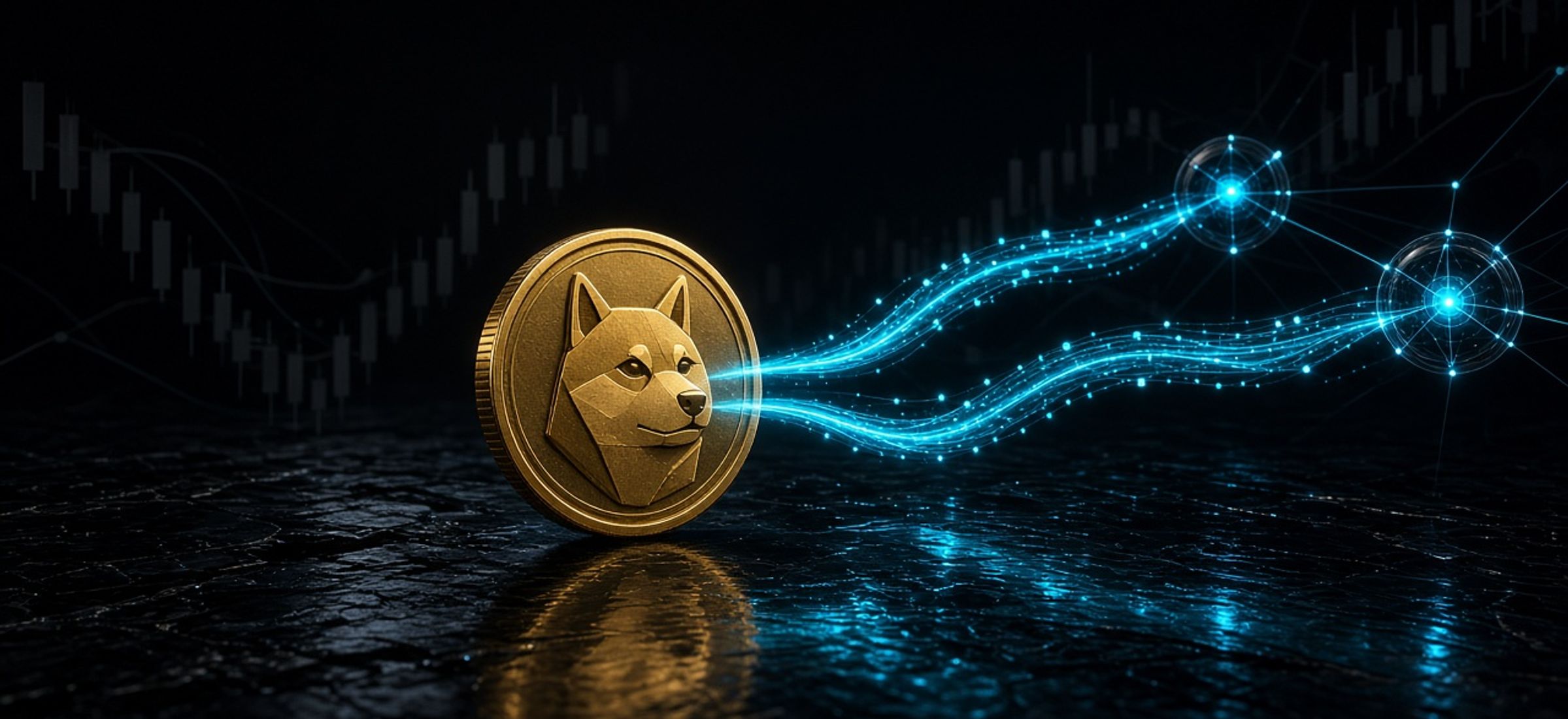 Gold coin with a geometric Shiba Inu dog face on a dark reflective surface, with two glowing cyan data streams branching to two network nodes over a faint price chart