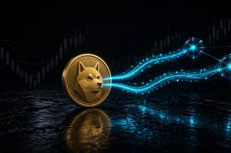 Gold coin with a geometric Shiba Inu dog face on a dark reflective surface, with two glowing cyan data streams branching to two network nodes over a faint price chart