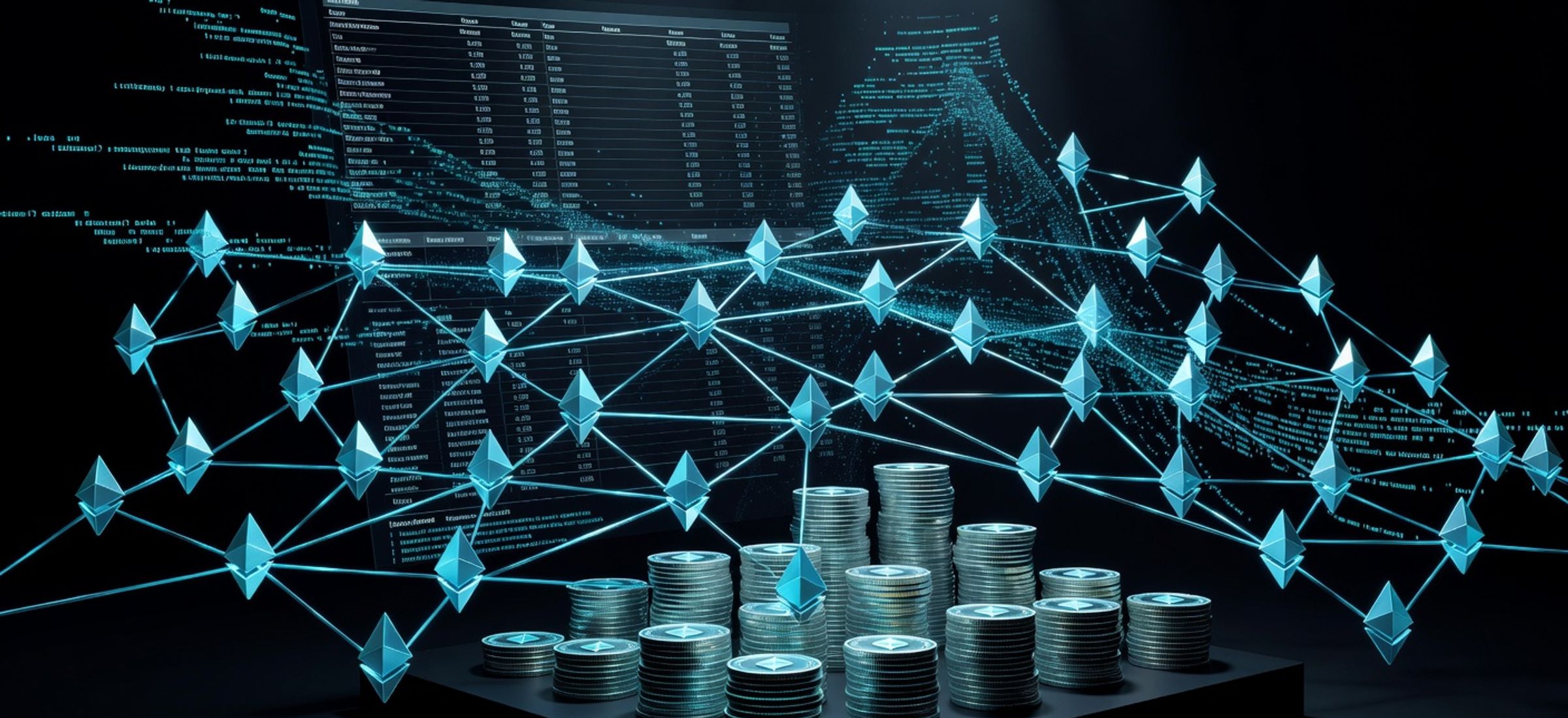 Ethereum validator network with glowing ETH coins and corporate treasury data streams, dark obsidian background with cyan accents