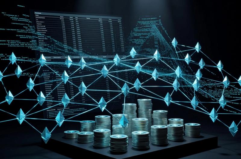 Ethereum validator network with glowing ETH coins and corporate treasury data streams, dark obsidian background with cyan accents