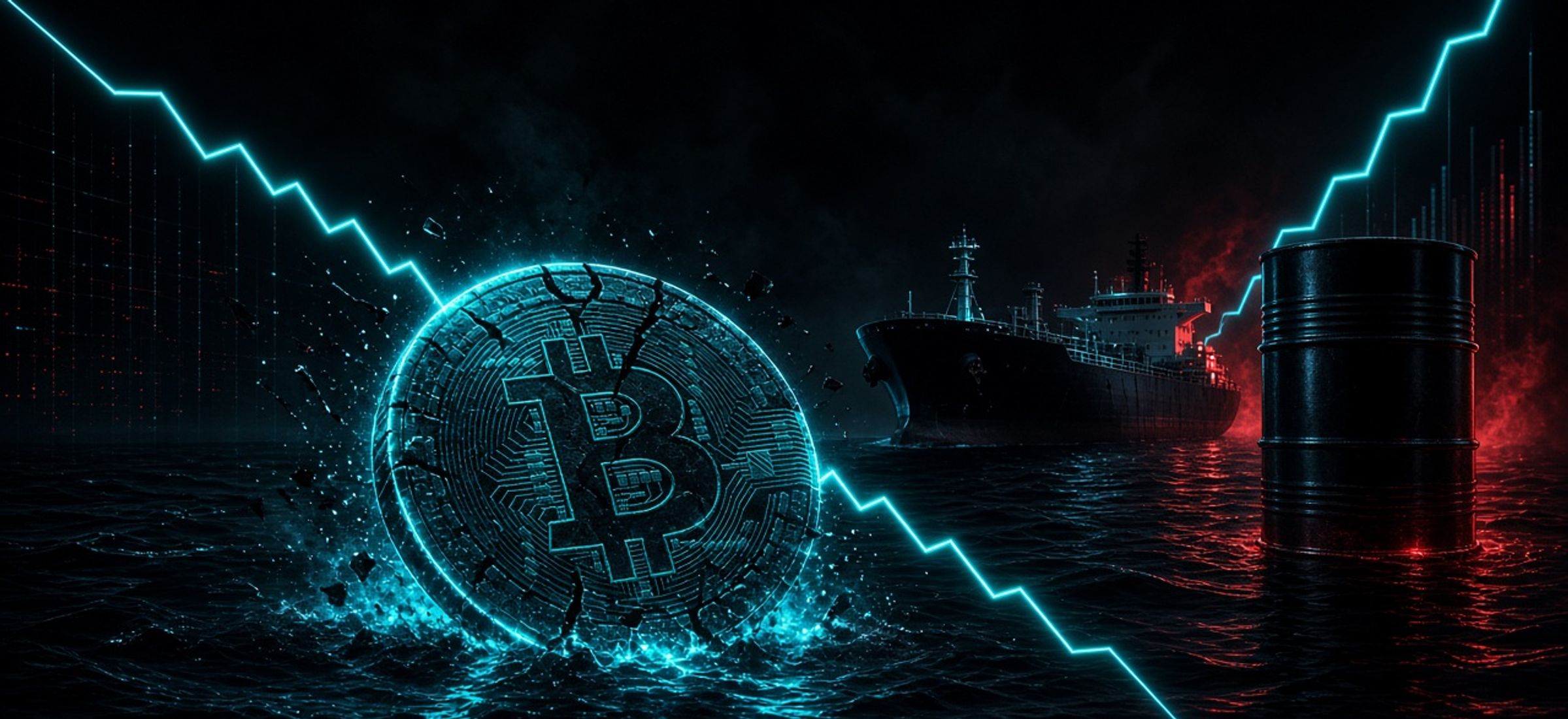 Cracked glowing Bitcoin coin sinking below a falling cyan price line beside an oil tanker and a red-lit oil barrel on a dark sea
