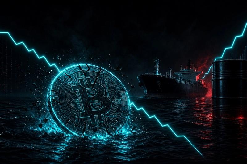 Cracked glowing Bitcoin coin sinking below a falling cyan price line beside an oil tanker and a red-lit oil barrel on a dark sea