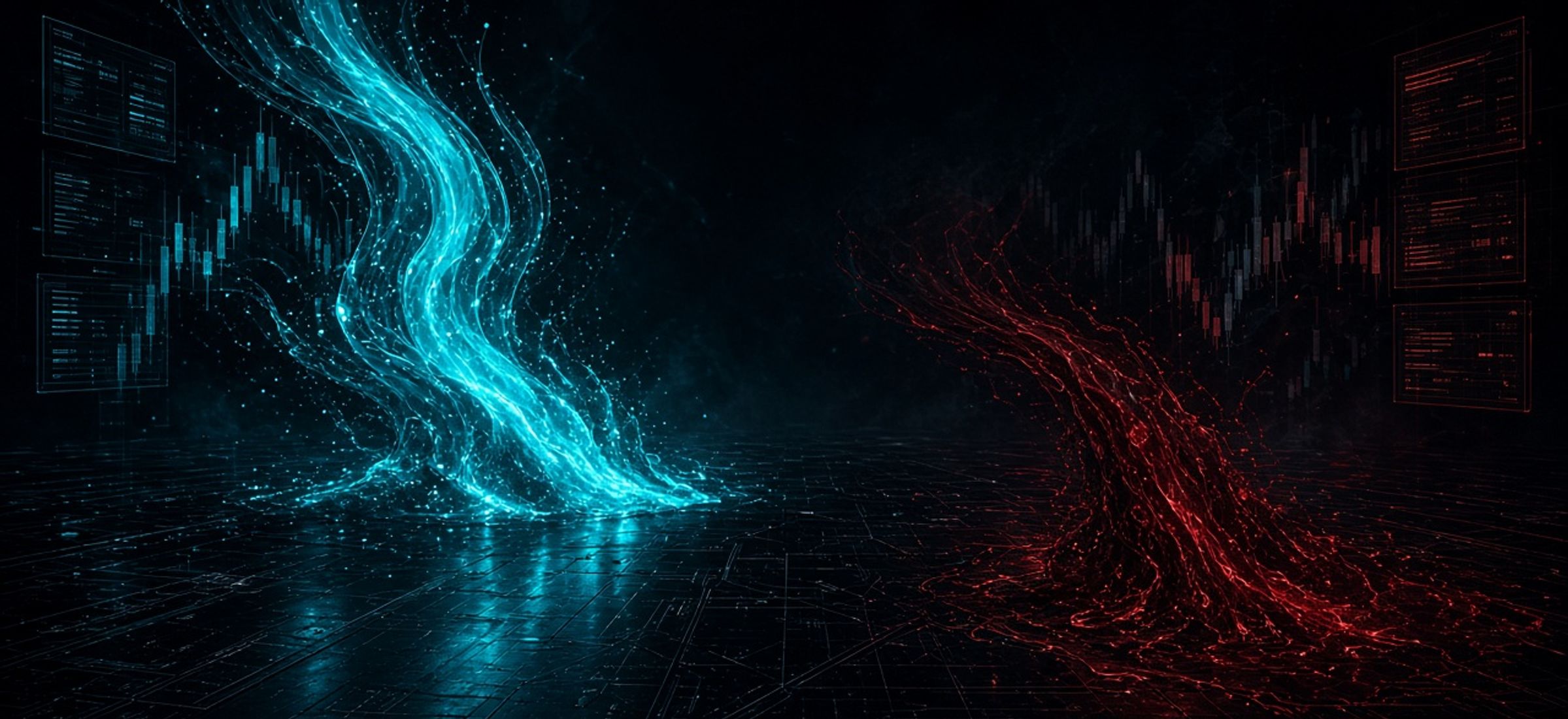 Dark Terminal Luxe illustration of cyan inflow and crimson outflow streams over an obsidian trading floor