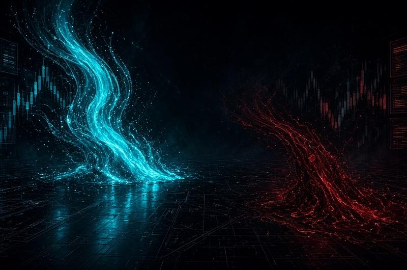Dark Terminal Luxe illustration of cyan inflow and crimson outflow streams over an obsidian trading floor