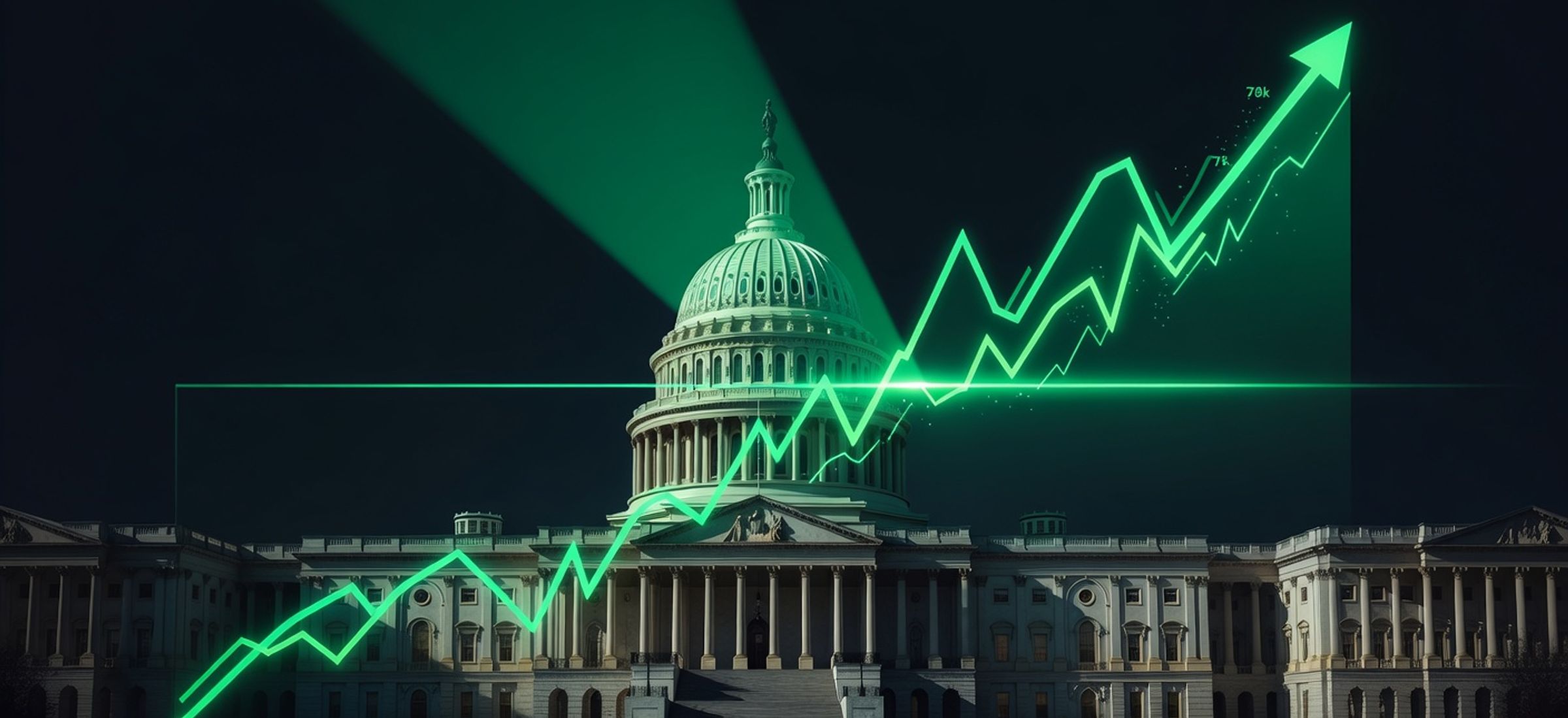 Dramatic chart of BTC surging past 78k with US Senate capitol building in background, regulatory green light overlay, professional finance style