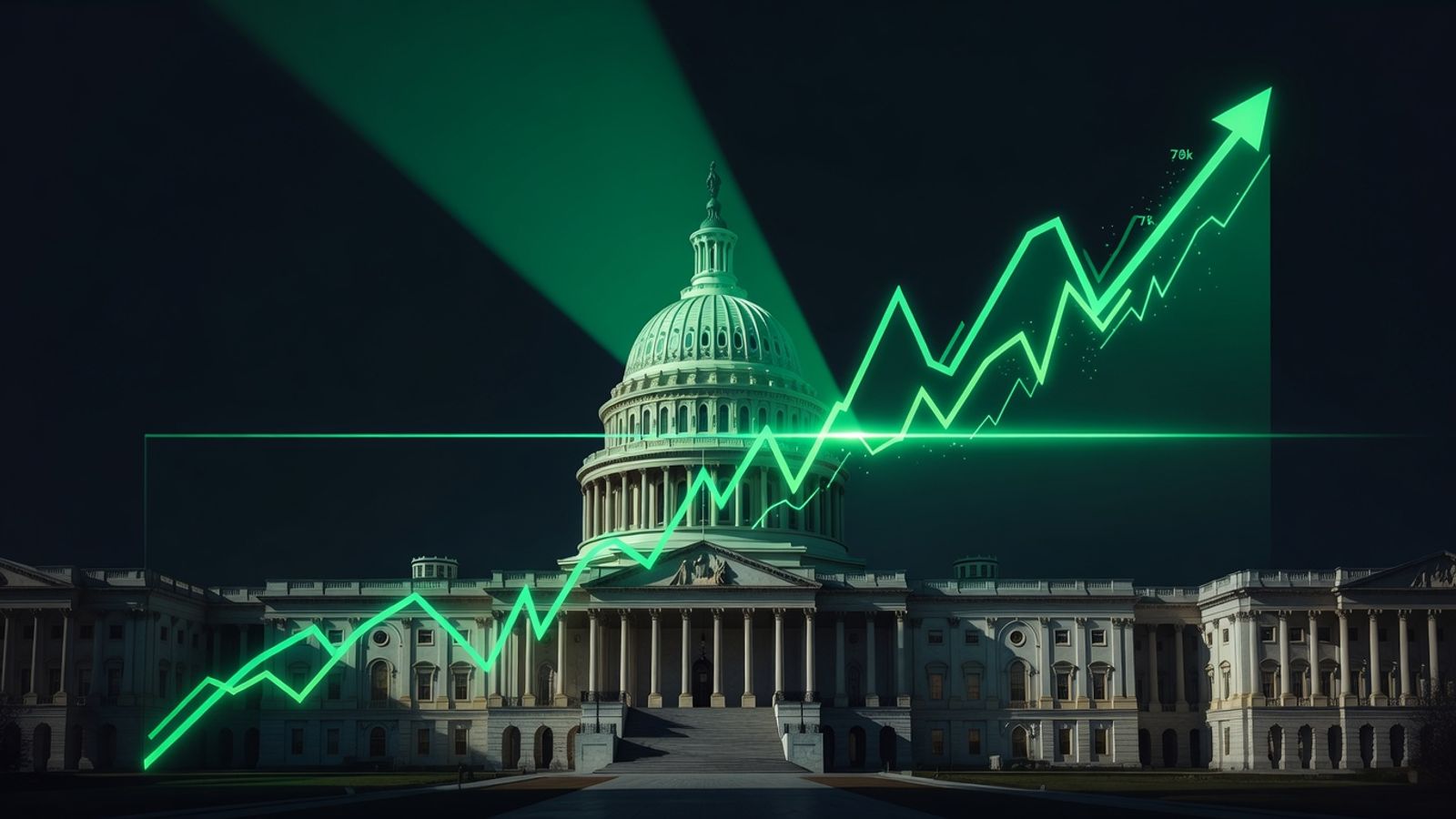 Dramatic chart of BTC surging past 78k with US Senate capitol building in background, regulatory green light overlay, professional finance style